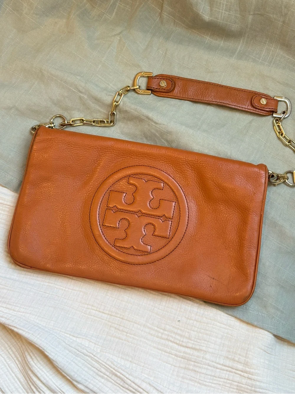 Tory Burch Cognac Leather Logo Clutch with Gold Chain